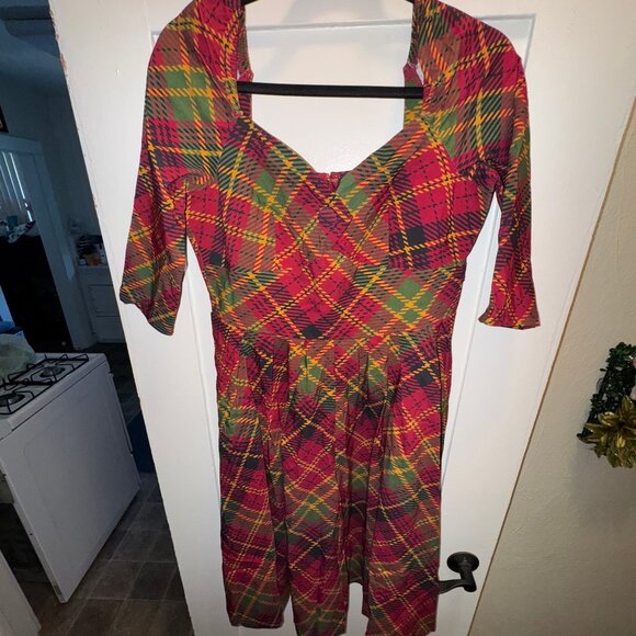 Unique Vintage 1950s Burnt Orange & Green Plaid Lamar Swing Dress (Size XL/14) - Picture 4 of 8
